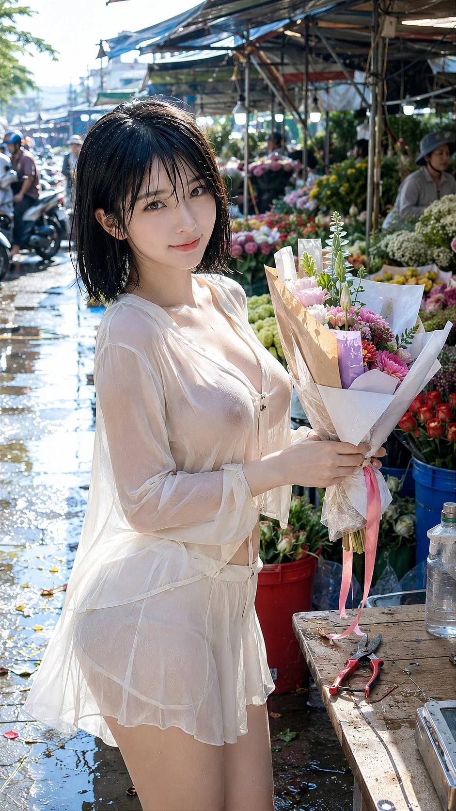 A woman in a pale outfit holds a wrapped bouquet beside a colorful outdoor flower stall.