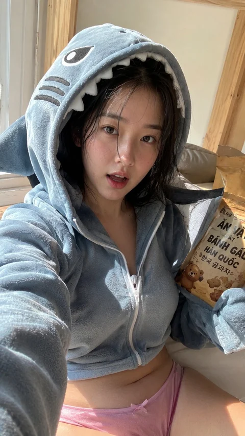 A person wearing a shark-themed hood takes a close selfie while holding a large takeaway drink.