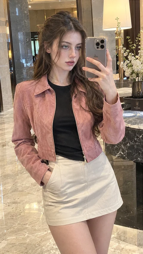 A woman wearing a cropped pink jacket, black top and cream skirt holds a phone for a mirror photograph in a warm-lit interior.