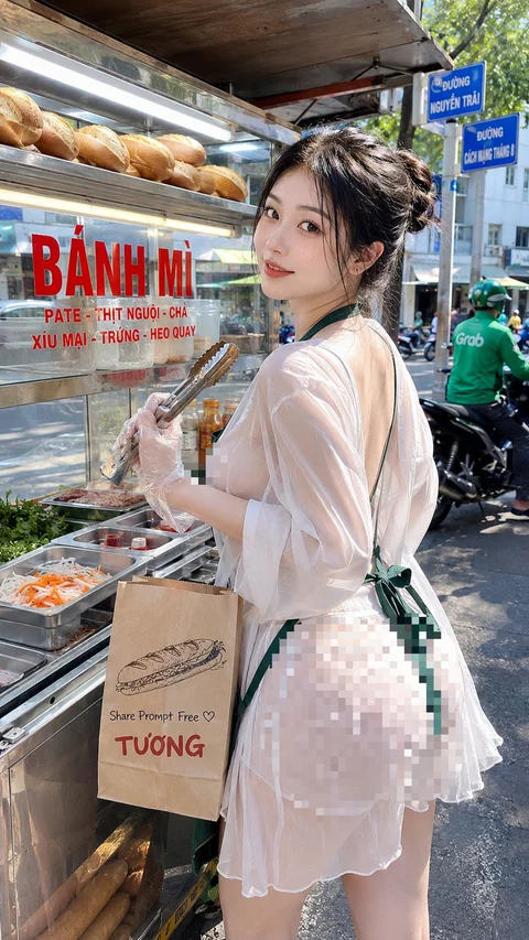 A woman in a pale lace outfit stands beside a glass-fronted street sandwich stall.