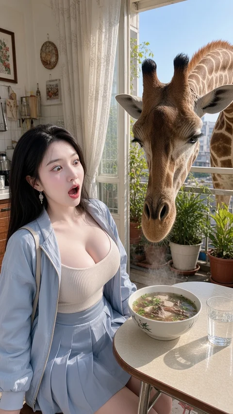 A giraffe leans through a window beside a startled seated person and a bowl on a small table.