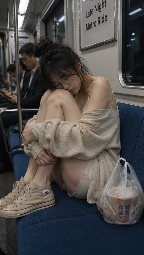 A woman in a loose beige outfit curls up on a blue train seat with a shopping bag beside her.