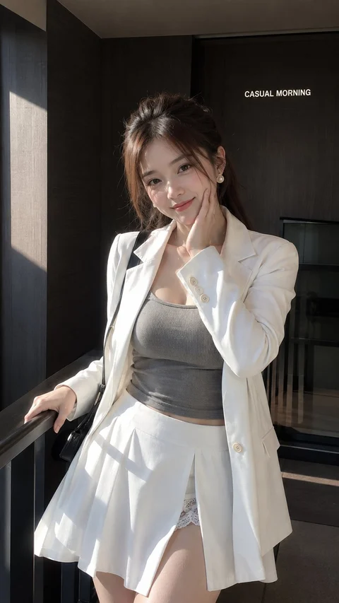 A woman wearing a white blazer, gray top and short white skirt poses in a dark doorway crossed by sunlight.