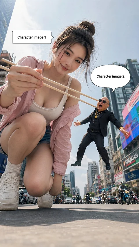 A giant woman crouches in a city street holding a much smaller suited figure with chopsticks, with reference labels over the image.