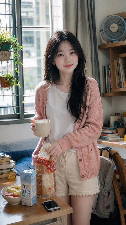 A woman in a white top, pink cardigan and light shorts holds a mug beside a kitchen table and window.