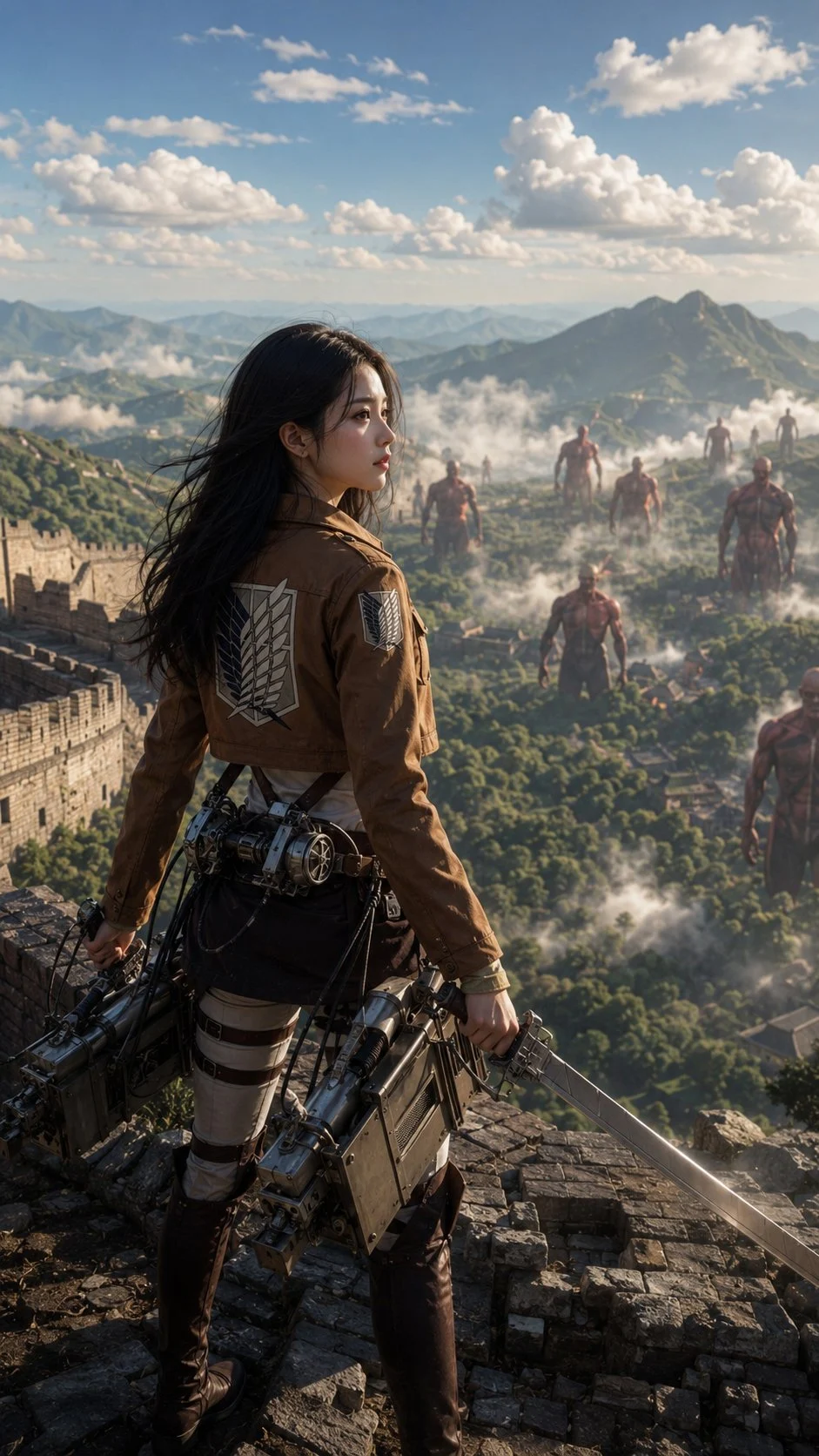 A dark-haired woman in armor and mechanical gear stands on a stone ridge overlooking a vast mountain settlement.