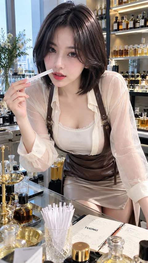 A woman in a white top and brown apron leans over a perfume counter while holding a scent strip near her face.