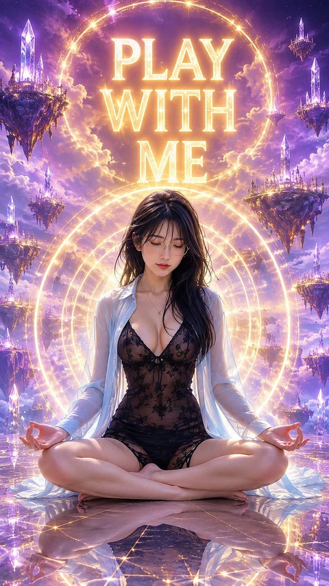A woman in dark lace sits cross-legged amid purple-and-gold effects beneath the words PLAY WITH ME.