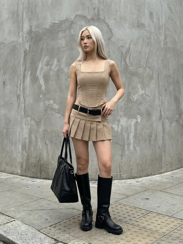 Woman in a beige outfit beside a gray concrete wall