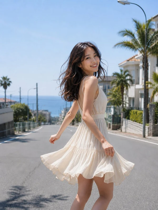 Woman in an ivory summer dress on a sunny seaside slope