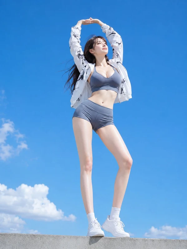 Woman stretching her arms beneath a bright blue sky