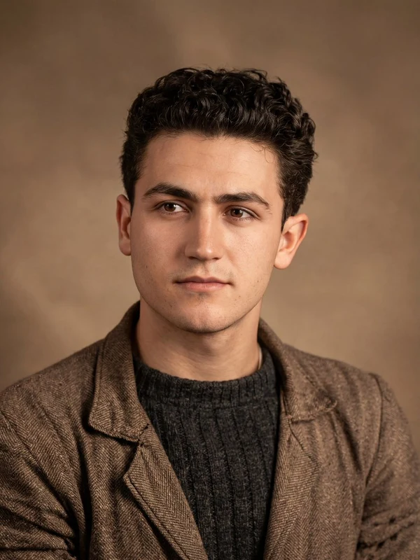 Softly lit close portrait of a man in a brown jacket
